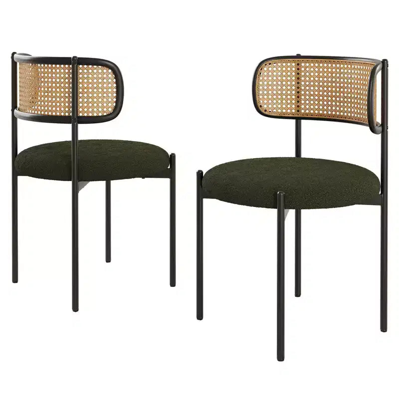 PexFix 4Pcs Modern Upholstered Dining Chairs Rattan Back Dining Room Chairs Accent Kitchen Chairs with Metal Legs Green