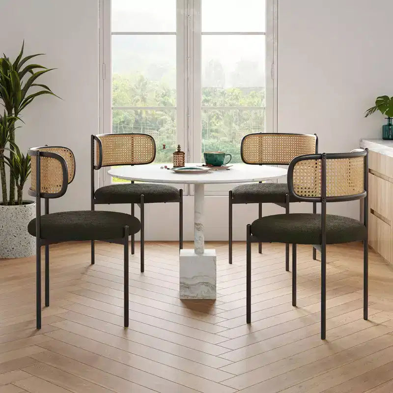 PexFix 2Pcs Modern Upholstered Dining Chairs Rattan Back Dining Room Chairs Accent Kitchen Chairs with Metal Legs Green