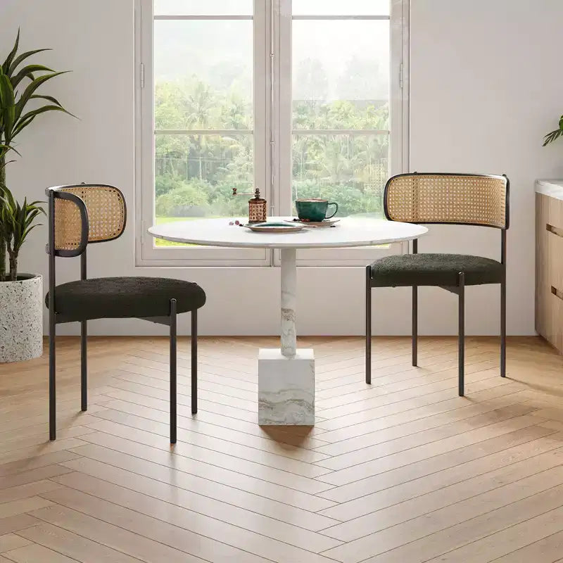 PexFix 2Pcs Modern Upholstered Dining Chairs Rattan Back Dining Room Chairs Accent Kitchen Chairs with Metal Legs Green
