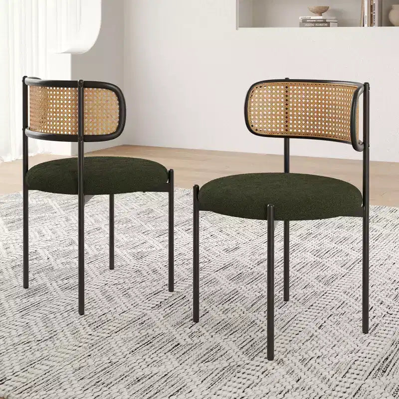 PexFix 2Pcs Modern Upholstered Dining Chairs Rattan Back Dining Room Chairs Accent Kitchen Chairs with Metal Legs Green