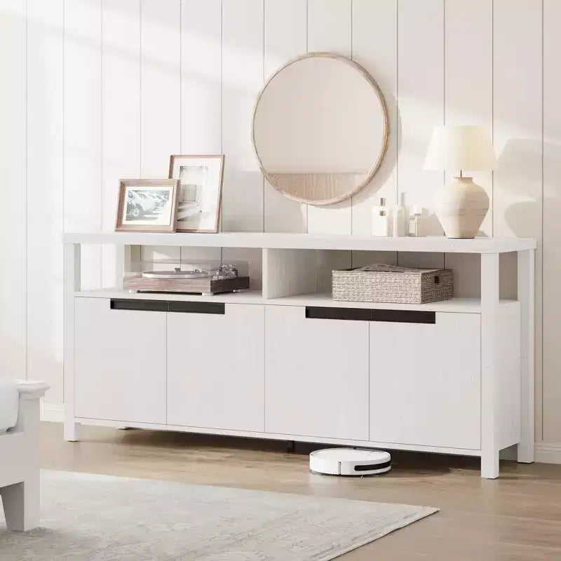 Meuble TV de ferme bohème GustoWave pour téléviseurs jusqu'à 70'', long meuble de divertissement rustique avec 4 portes et étagère ouverte
