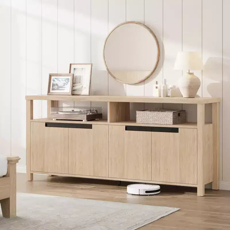 Meuble TV de ferme bohème GustoWave pour téléviseurs jusqu'à 70'', long meuble de divertissement rustique avec 4 portes et étagère ouverte
