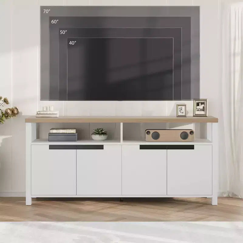 Meuble TV de ferme bohème GustoWave pour téléviseurs jusqu'à 70'', long meuble de divertissement rustique avec 4 portes et étagère ouverte