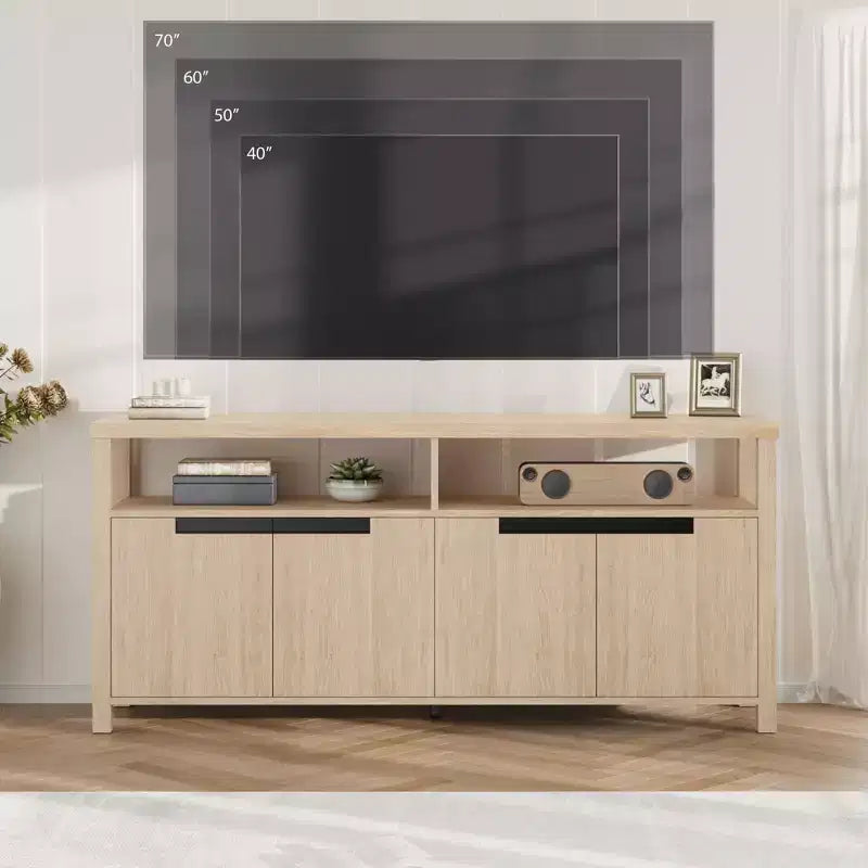 Meuble TV de ferme bohème GustoWave pour téléviseurs jusqu'à 70'', long meuble de divertissement rustique avec 4 portes et étagère ouverte