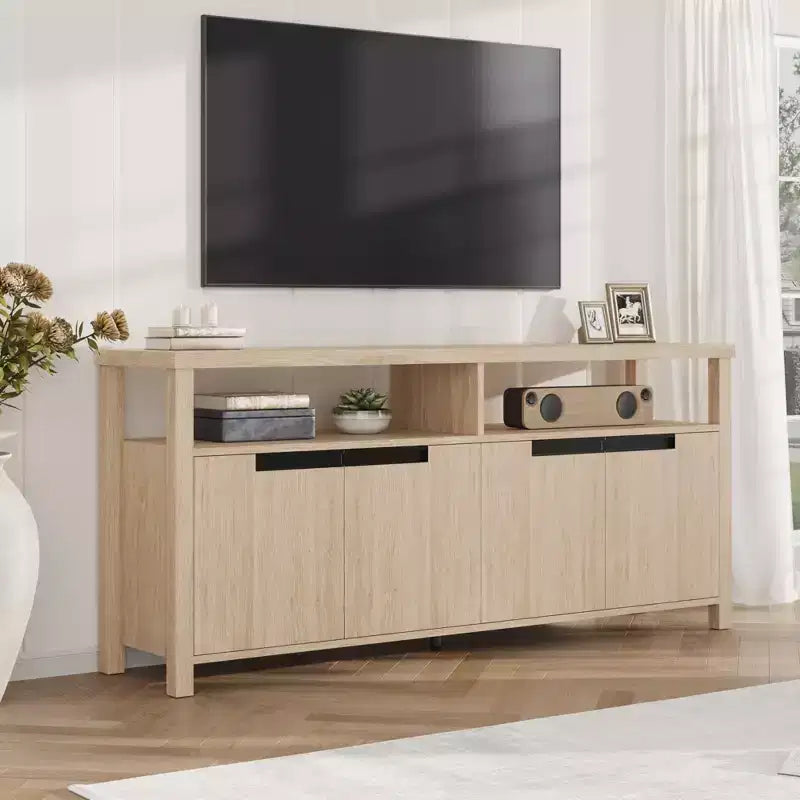 Meuble TV de ferme bohème GustoWave pour téléviseurs jusqu'à 70'', long meuble de divertissement rustique avec 4 portes et étagère ouverte