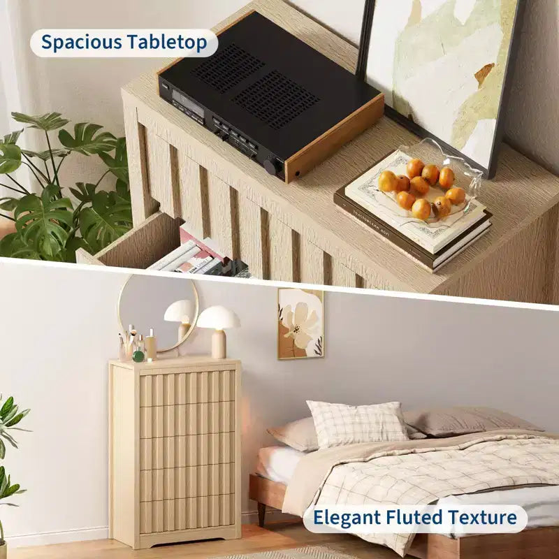 32 Tall Storage Dresser Organizer with Curved Profile Design, 5 Drawer Dresser for Rest Room Wood