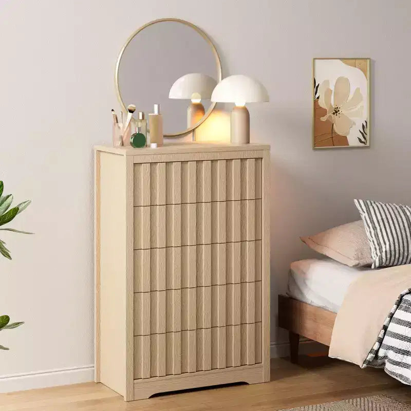 32 Tall Storage Dresser Organizer with Curved Profile Design, 5 Drawer Dresser for Rest Room Wood