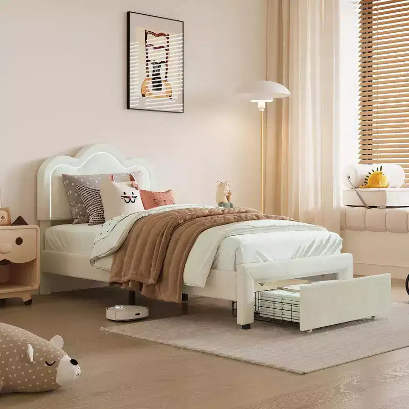 GustoWave Twin Velvet Princess Platform Bed, with Smart LED and Drawer