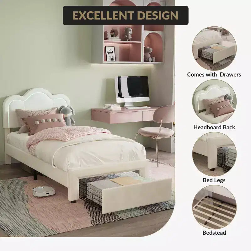 GustoWave Twin Velvet Princess Platform Bed, with Smart LED and Drawer