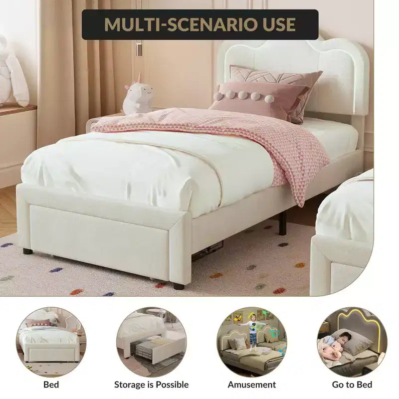 Lit plateforme GustoWave Twin Velvet Princess, avec LED intelligente et tiroir