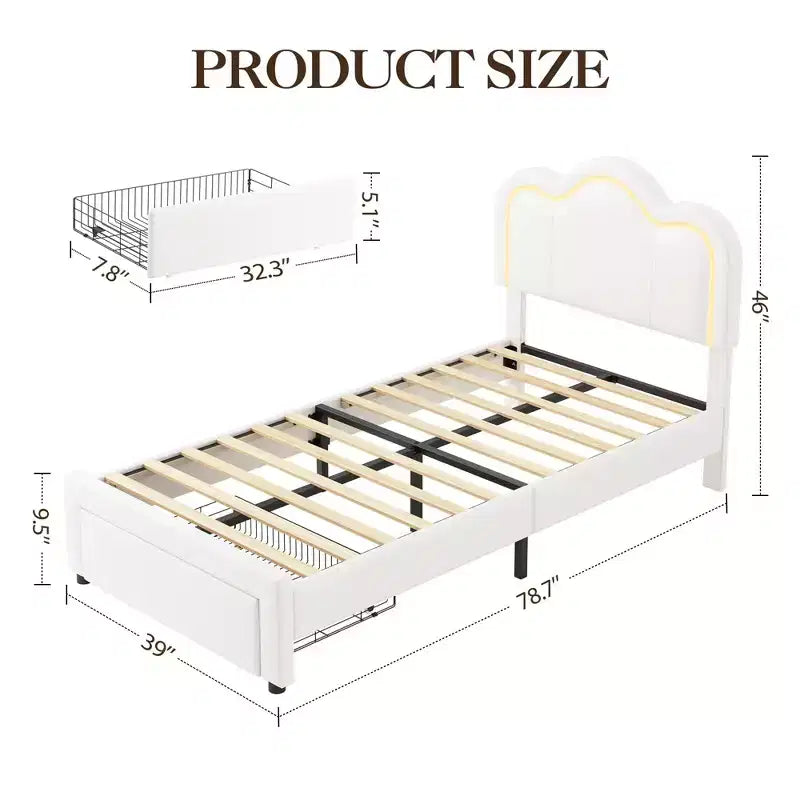 GustoWave Twin Velvet Princess Platform Bed, with Smart LED and Drawer