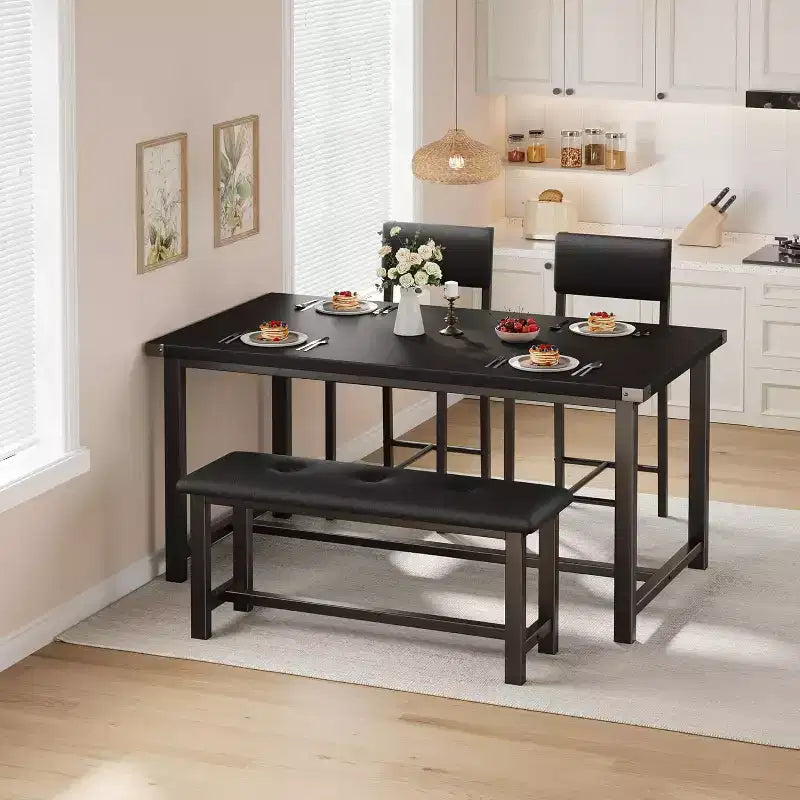 CuisinSmart Dining Table Set for 4, Kitchen Table and 2 Upholstered Chairs with Bench, Wooden Rectangular Dining Room Set