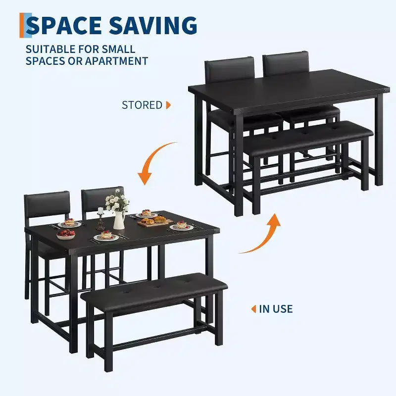 CuisinSmart Dining Table Set for 4, Kitchen Table and 2 Upholstered Chairs with Bench, Wooden Rectangular Dining Room Set