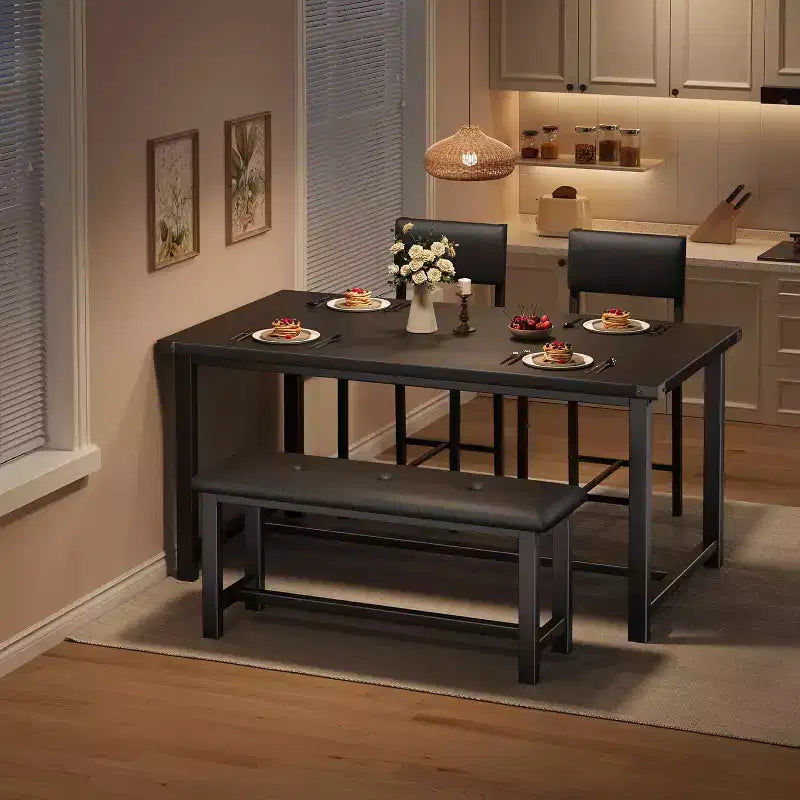 CuisinSmart Dining Table Set for 4, Kitchen Table and 2 Upholstered Chairs with Bench, Wooden Rectangular Dining Room Set