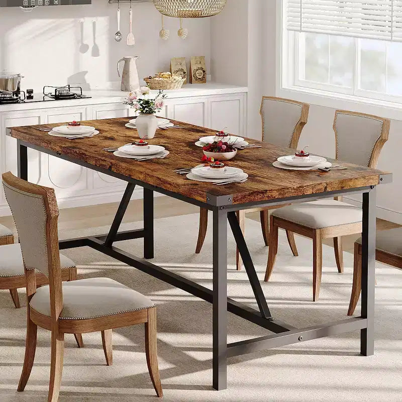 Table de salle à manger CuisinSmart pour 8 personnes, Table de cuisine rectangulaire de 180 cm, Grande table de salle à manger industrielle, pour famille nombreuse