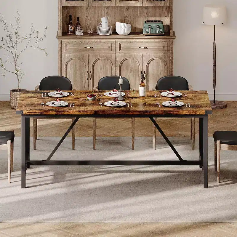Table de salle à manger CuisinSmart pour 8 personnes, Table de cuisine rectangulaire de 180 cm, Grande table de salle à manger industrielle, pour famille nombreuse