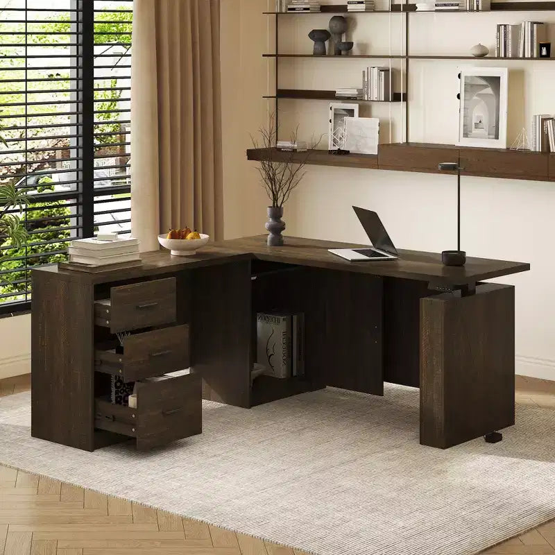 Famapy Dark Wood L - Shaped Adjustable Standing Desk Office Desk Computer Desk - Ergonomic Home Office Workstation with Storage