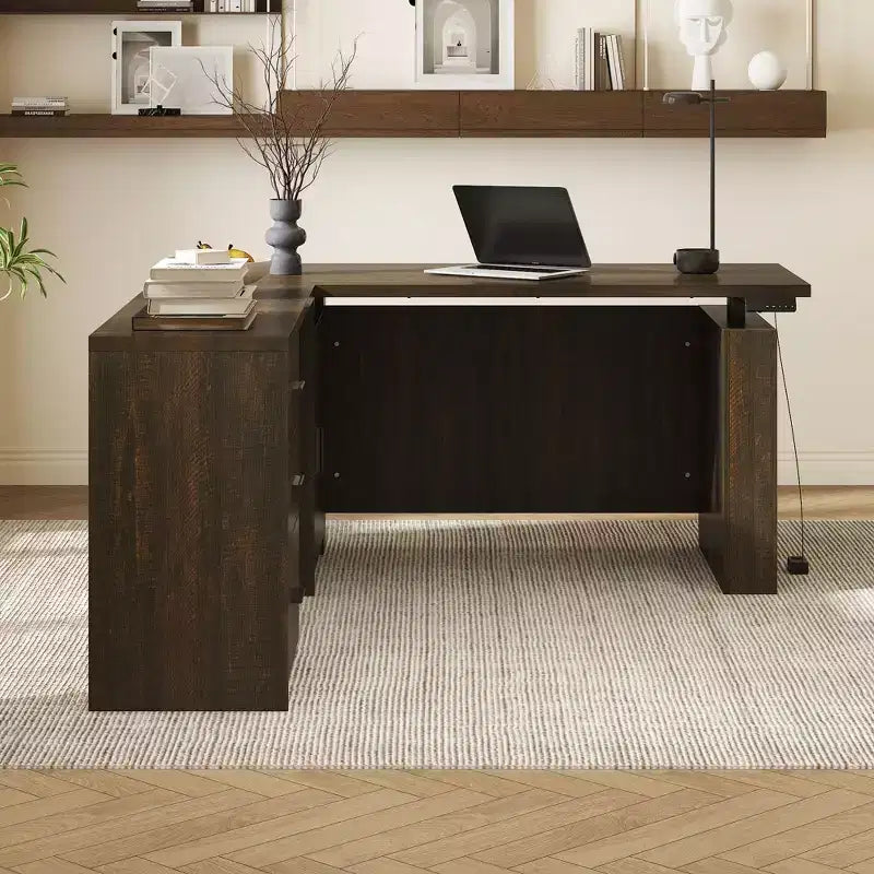 Famapy Dark Wood L - Shaped Adjustable Standing Desk Office Desk Computer Desk - Ergonomic Home Office Workstation with Storage