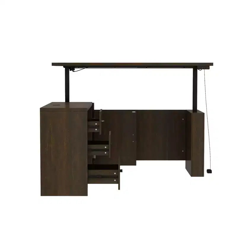 Famapy Dark Wood L - Shaped Adjustable Standing Desk Office Desk Computer Desk - Ergonomic Home Office Workstation with Storage