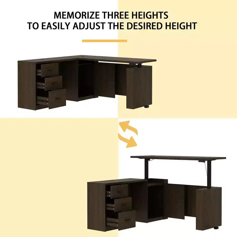 Famapy Dark Wood L - Shaped Adjustable Standing Desk Office Desk Computer Desk - Ergonomic Home Office Workstation with Storage