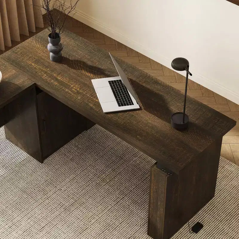 Famapy Dark Wood L - Shaped Adjustable Standing Desk Office Desk Computer Desk - Ergonomic Home Office Workstation with Storage