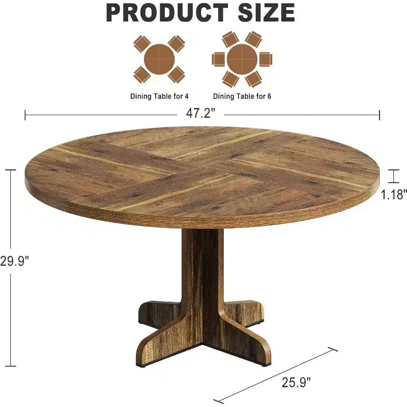 47 Round Dining Table for 4, Farmhouse Kitchen Table with Wood Tabletop and Stable Base, for Home Dining Room Living Room, Brown (Only Table)