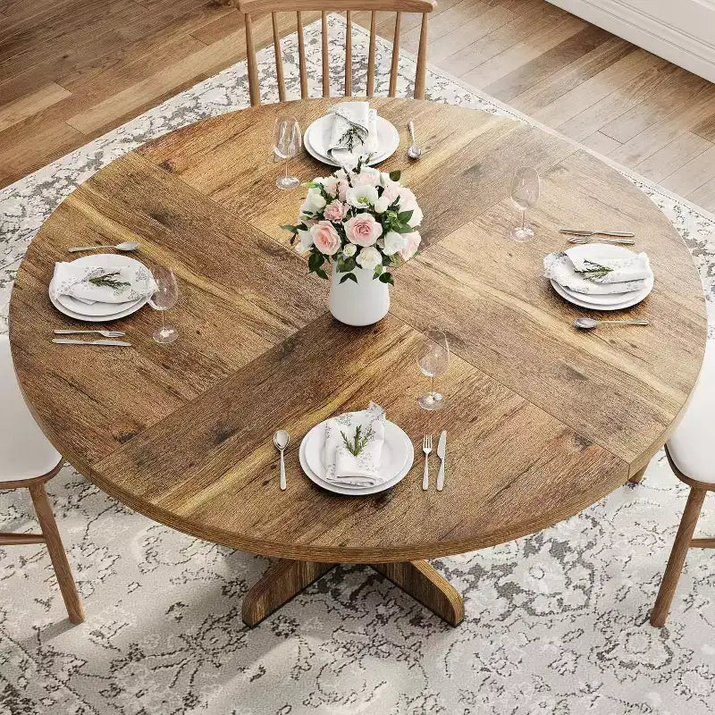 47 Round Dining Table for 4, Farmhouse Kitchen Table with Wood Tabletop and Stable Base, for Home Dining Room Living Room, Brown (Only Table)