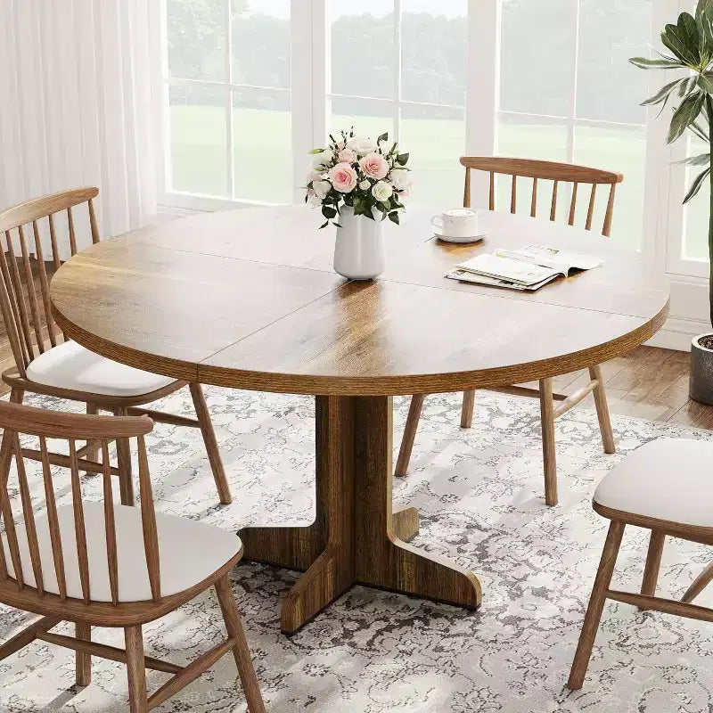 47 Round Dining Table for 4, Farmhouse Kitchen Table with Wood Tabletop and Stable Base, for Home Dining Room Living Room, Brown (Only Table)
