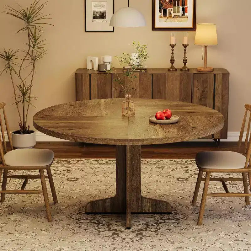 47 Round Dining Table for 4, Farmhouse Kitchen Table with Wood Tabletop and Stable Base, for Home Dining Room Living Room, Brown (Only Table)