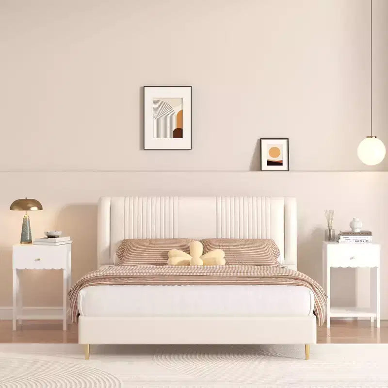Table de chevet moderne blanche avec tiroir et étagère ouverte, Table de chevet à bord festonné pour chambre à coucher