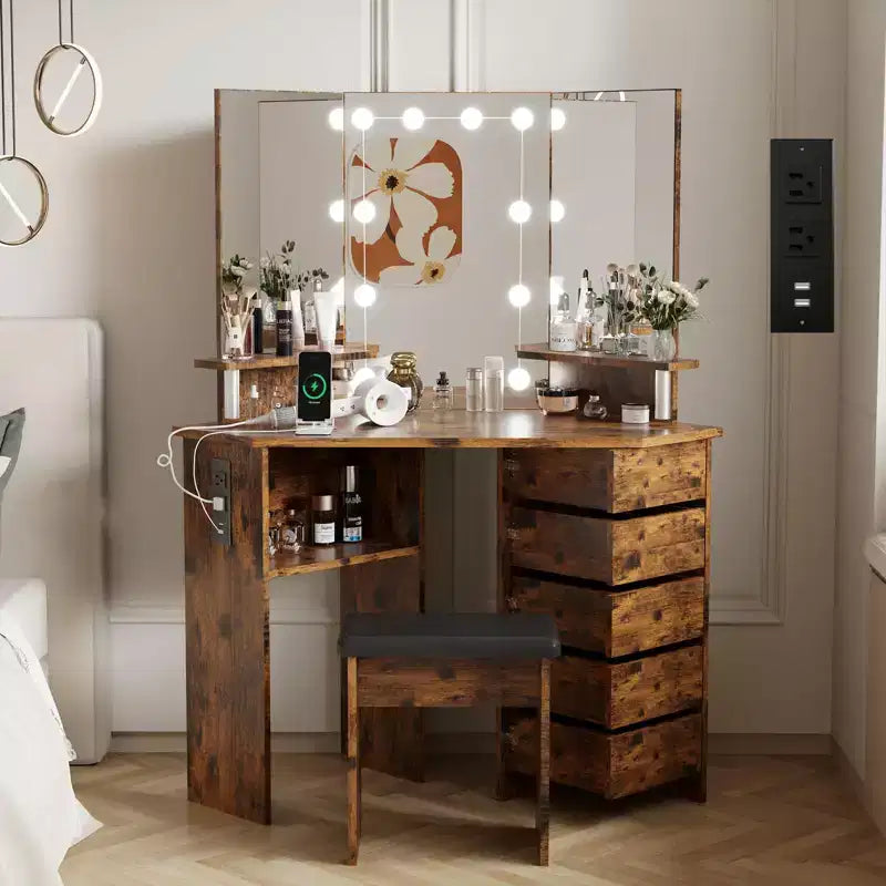 GustoWave Makeup Vanity Desk with Lights & Power Outlet, Corner Vanity Table with 5 Rotating Drawers,3 Color Lighting, Dressing Table