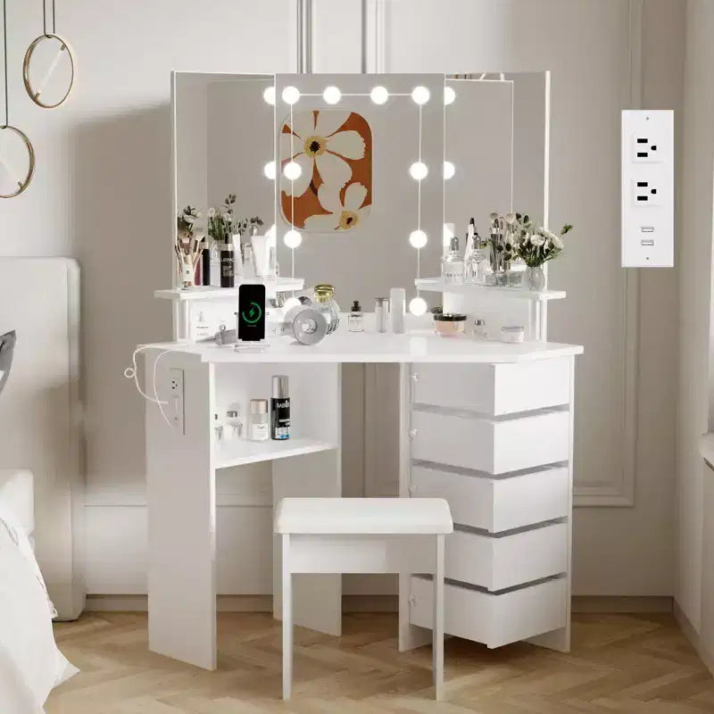 GustoWave Makeup Vanity Desk with Lights & Power Outlet, Corner Vanity Table with 5 Rotating Drawers,3 Color Lighting, Dressing Table
