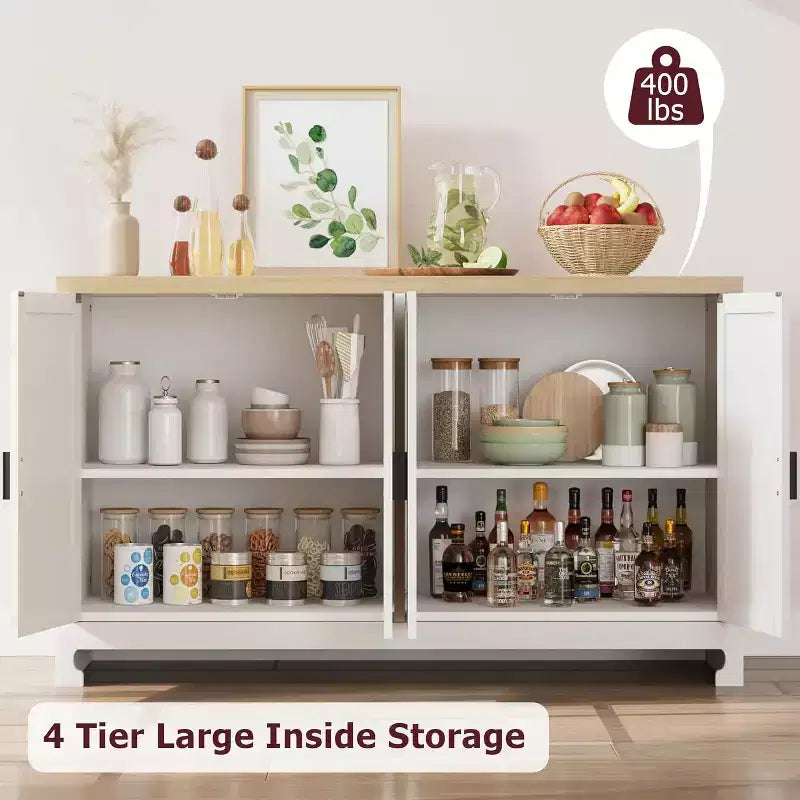 Woven Rattan 4-Door Storage Cabinet, Buffet Sideboard with Shelf, Coffee Bar Console for Kitchen Dining & Living Room, 36H