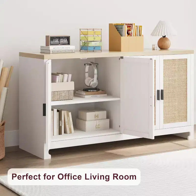 Woven Rattan 4-Door Storage Cabinet, Buffet Sideboard with Shelf, Coffee Bar Console for Kitchen Dining & Living Room, 36H