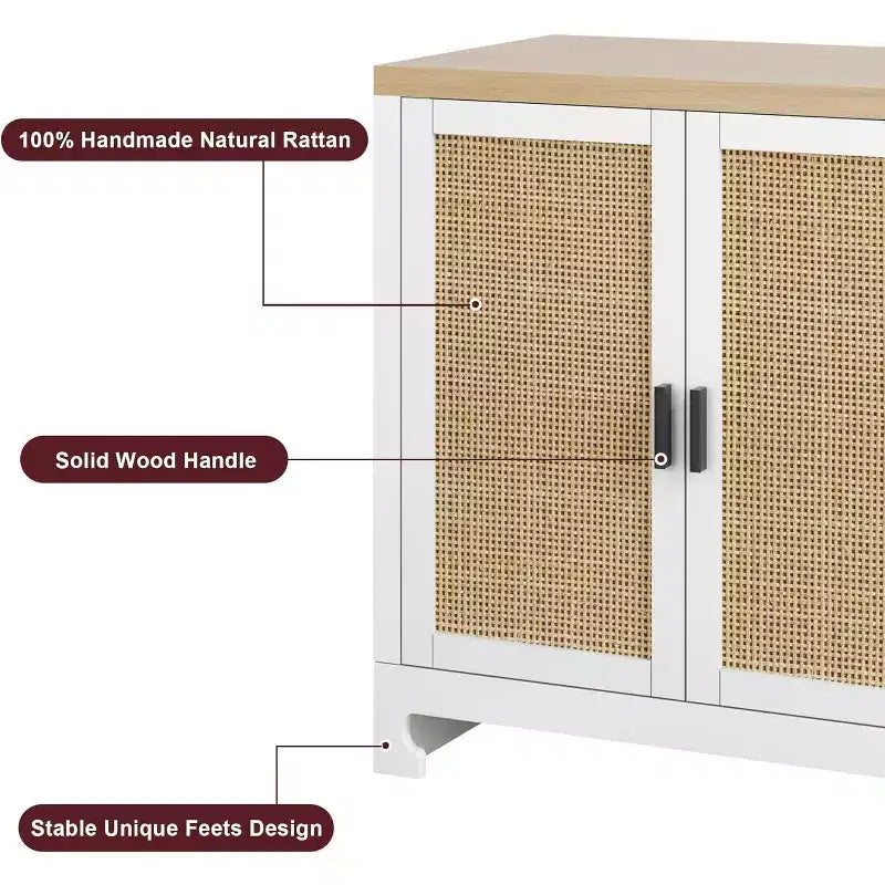 Woven Rattan 4-Door Storage Cabinet, Buffet Sideboard with Shelf, Coffee Bar Console for Kitchen Dining & Living Room, 36H