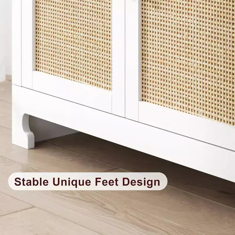 Woven Rattan 4-Door Storage Cabinet, Buffet Sideboard with Shelf, Coffee Bar Console for Kitchen Dining & Living Room, 36H