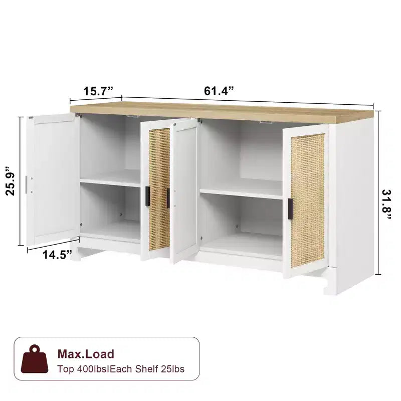 Woven Rattan 4-Door Storage Cabinet, Buffet Sideboard with Shelf, Coffee Bar Console for Kitchen Dining & Living Room, 36H