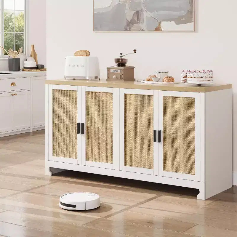 Woven Rattan 4-Door Storage Cabinet, Buffet Sideboard with Shelf, Coffee Bar Console for Kitchen Dining & Living Room, 36H