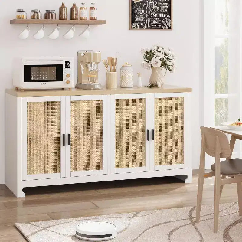 Woven Rattan 4-Door Storage Cabinet, Buffet Sideboard with Shelf, Coffee Bar Console for Kitchen Dining & Living Room, 36H