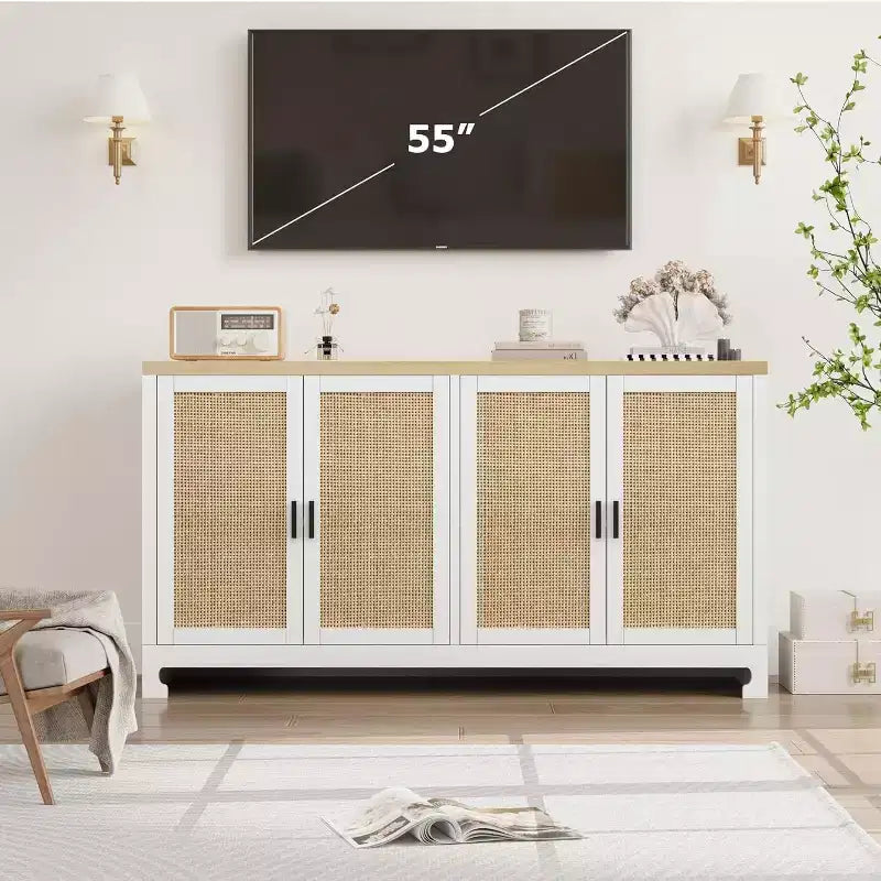 Woven Rattan 4-Door Storage Cabinet, Buffet Sideboard with Shelf, Coffee Bar Console for Kitchen Dining & Living Room, 36H