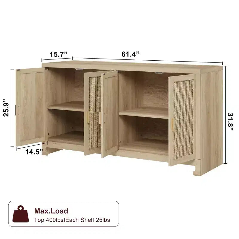 Woven Rattan 4-Door Storage Cabinet, Buffet Sideboard with Shelf, Coffee Bar Console for Kitchen Dining & Living Room, 36H