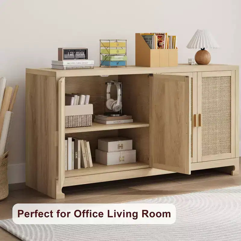 Woven Rattan 4-Door Storage Cabinet, Buffet Sideboard with Shelf, Coffee Bar Console for Kitchen Dining & Living Room, 36H