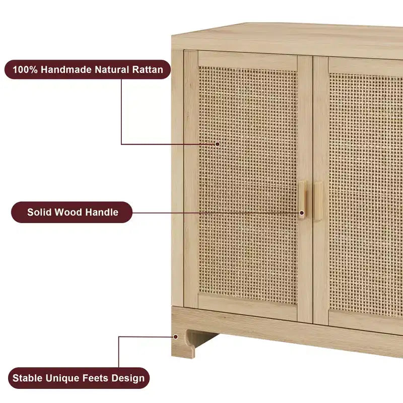 Woven Rattan 4-Door Storage Cabinet, Buffet Sideboard with Shelf, Coffee Bar Console for Kitchen Dining & Living Room, 36H