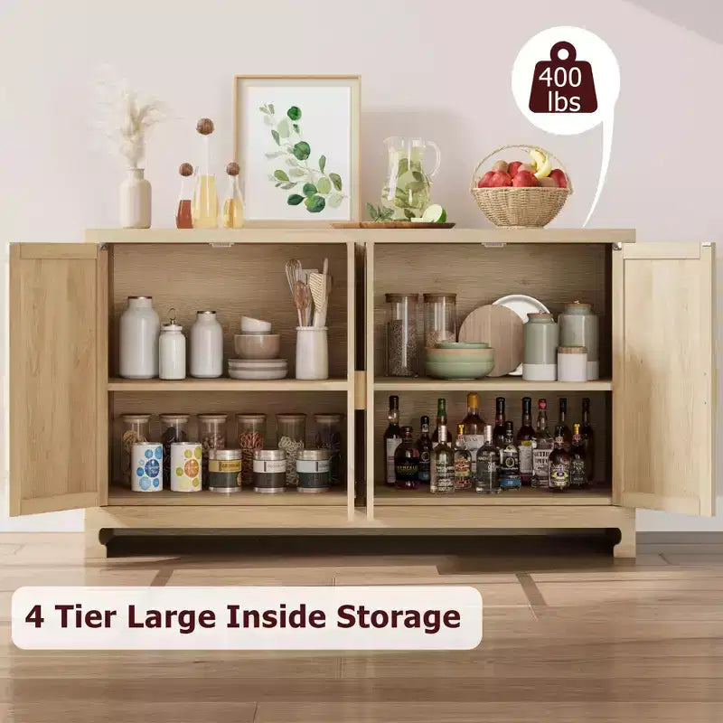Woven Rattan 4-Door Storage Cabinet, Buffet Sideboard with Shelf, Coffee Bar Console for Kitchen Dining & Living Room, 36H