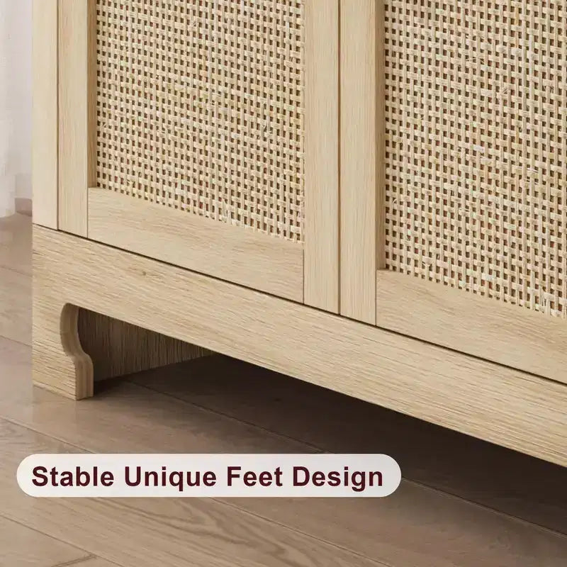 Woven Rattan 4-Door Storage Cabinet, Buffet Sideboard with Shelf, Coffee Bar Console for Kitchen Dining & Living Room, 36H