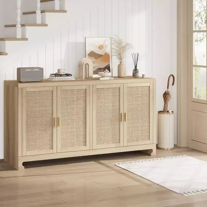 Woven Rattan 4-Door Storage Cabinet, Buffet Sideboard with Shelf, Coffee Bar Console for Kitchen Dining & Living Room, 36H