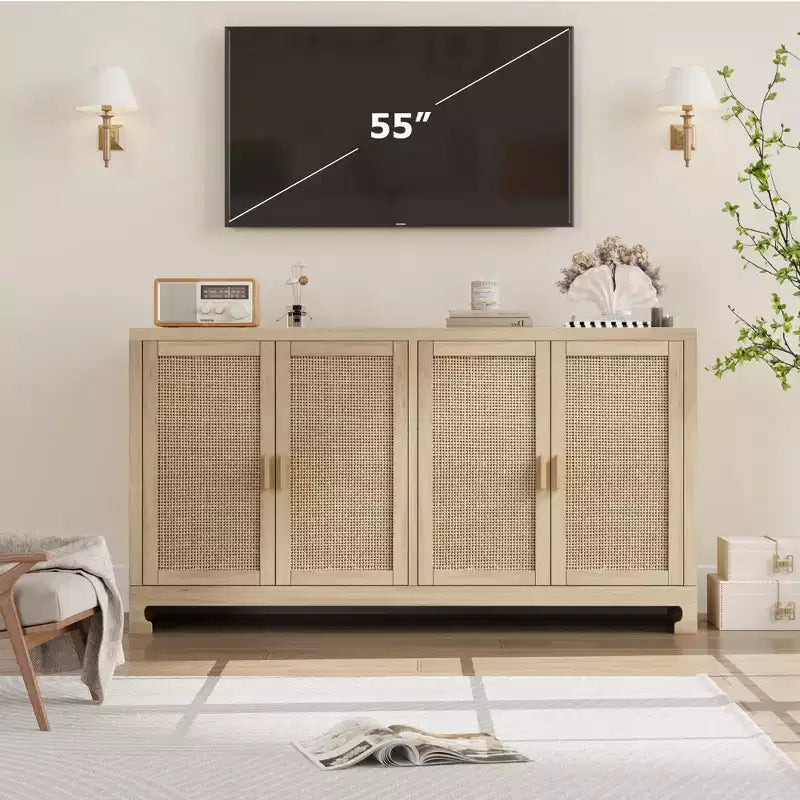Woven Rattan 4-Door Storage Cabinet, Buffet Sideboard with Shelf, Coffee Bar Console for Kitchen Dining & Living Room, 36H