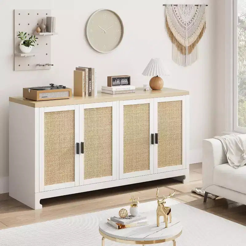 Woven Rattan 4-Door Storage Cabinet, Buffet Sideboard with Shelf, Coffee Bar Console for Kitchen Dining & Living Room, 36H