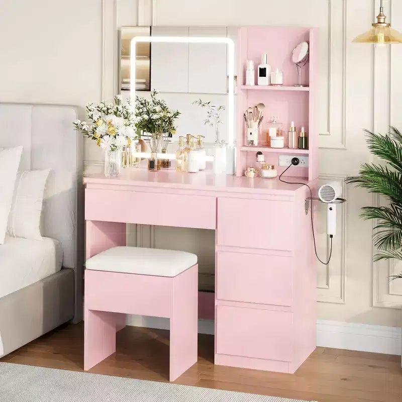 GustoWave Vanity Desk with Mirror and Lights - Modern Makeup Dressing Table with Outlets, Storage Stool, 4 Drawers - 3 Colors LED Vanity Mirror