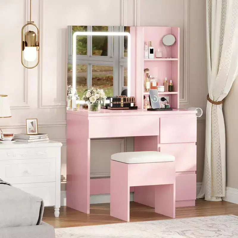 GustoWave Vanity Desk with Mirror and Lights - Modern Makeup Dressing Table with Outlets, Storage Stool, 4 Drawers - 3 Colors LED Vanity Mirror